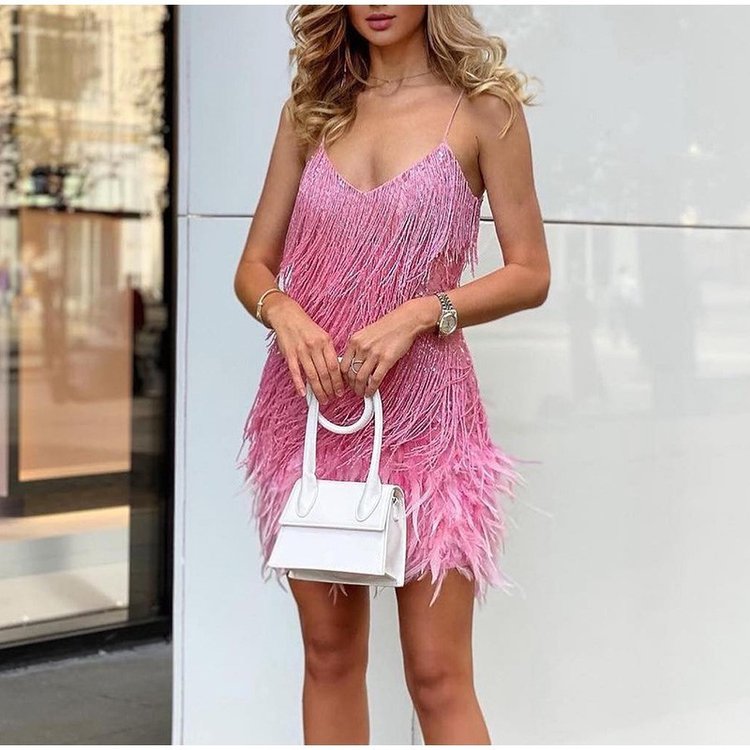 Women's Feather Fringe Sequin Spaghetti Strap Dress mysite