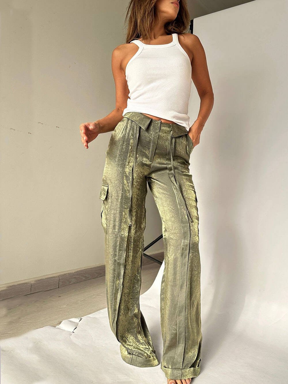 Golden Years Glitter Fabric Drawstring Waist Pocketed Wide Leg Pants - Buy two and get free shipping! mysite