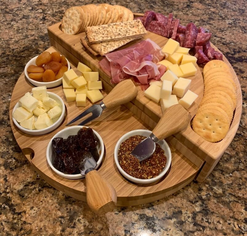 🧀2023 Bamboo Swivel Charcuterie Board🔥With 4 Integrated Ceramic Bowls And 3 Piece Knife Set mysite