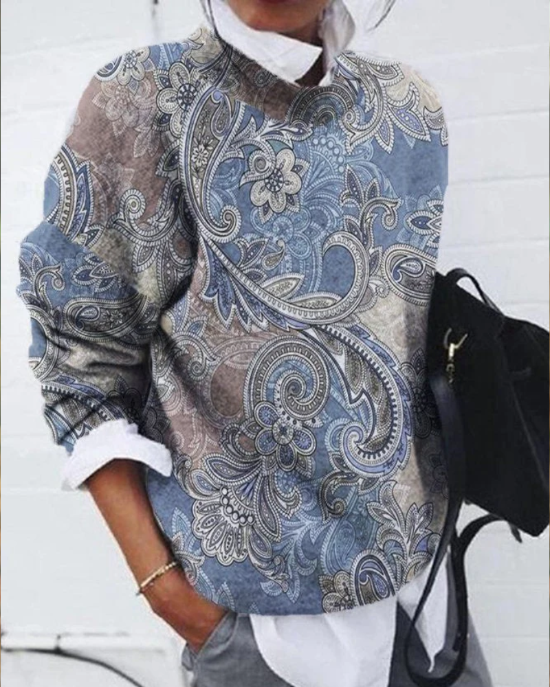 Casual Vintage Print Crew Neck Long Sleeve Sweatshirt mysite