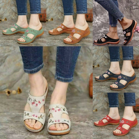 Flower Embroidered Vintage Comfy Wedges Sandals mysite