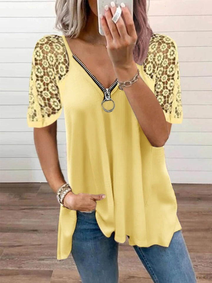 2023 NEW FASHION CASUAL LACE TOPS PATCHWORK SUMMER V-NECK HOLLOW OUT T-SHIRT mysite