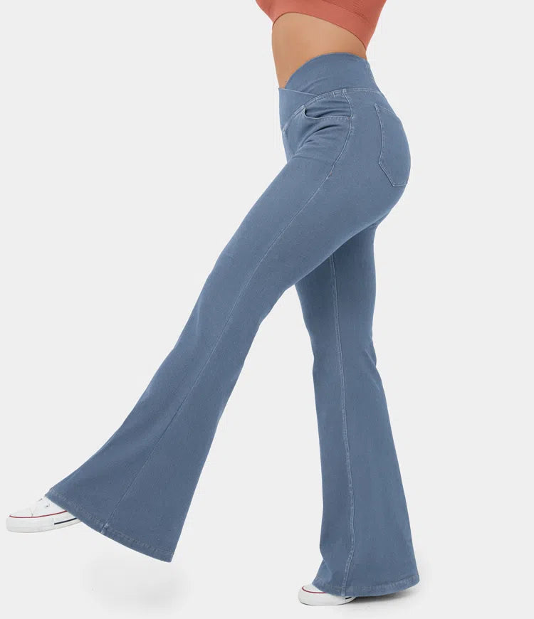 Stretchy Knit Denim Casual Super Flare Pants mysite