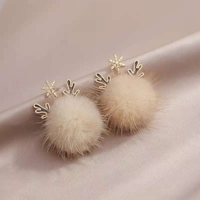Christmas snowflake antler fur ball earrings