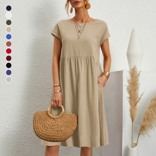 Women's Short Sleeve Cotton And Linen Dress mysite